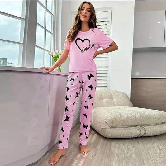 Pink Butterfly Printed Half Sleeve Nightsuit