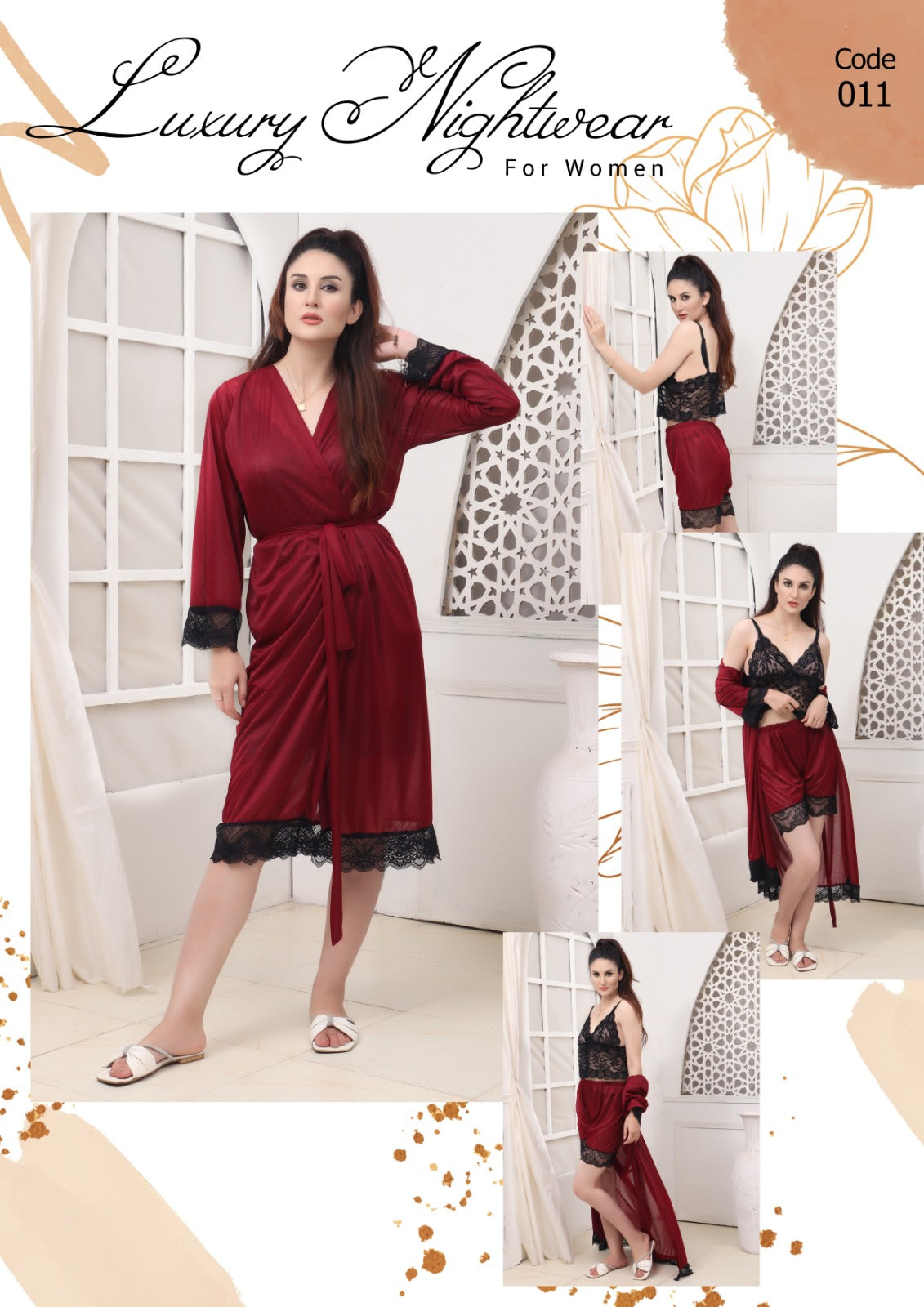 3 Pcs Nighty Silky Gown + Top + Short Set (Code 11)