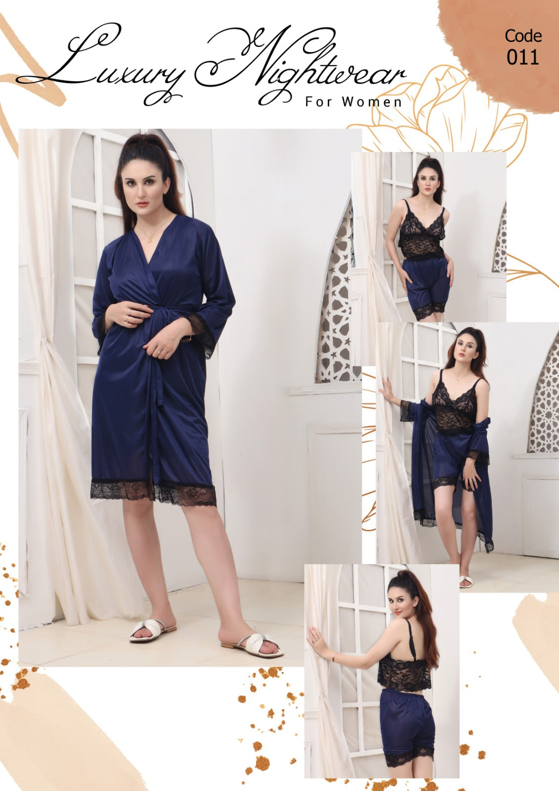 3 Pcs Nighty Silky Gown + Top + Short Set (Code 11)