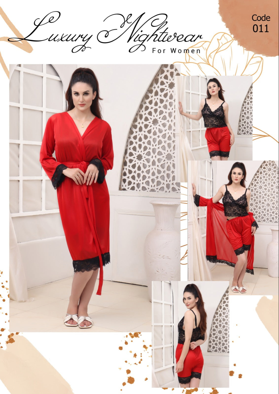 3 Pcs Nighty Silky Gown + Top + Short Set (Code 11)