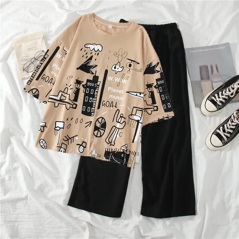 PRINTED SHIRT HALF SLEEVES AND PLAIN BLACK TROUSER NIGHT WEAR