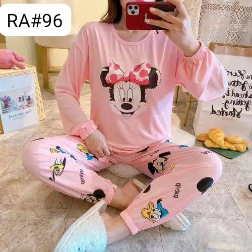 Pink Full Sleeves Mickey Mouse Printed Nightsuit