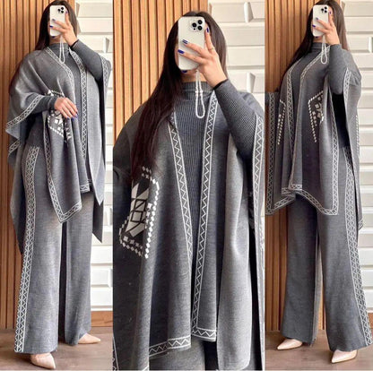 WINTER 3 PIECE FLEECE SUIT CAPE SHAWL HIGH NECK & TROUSER