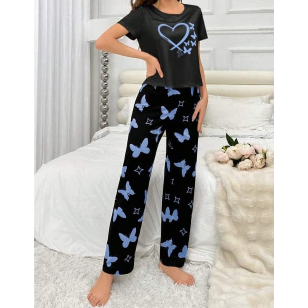 Black Butterfly Printed Half Sleeve Nightsuit